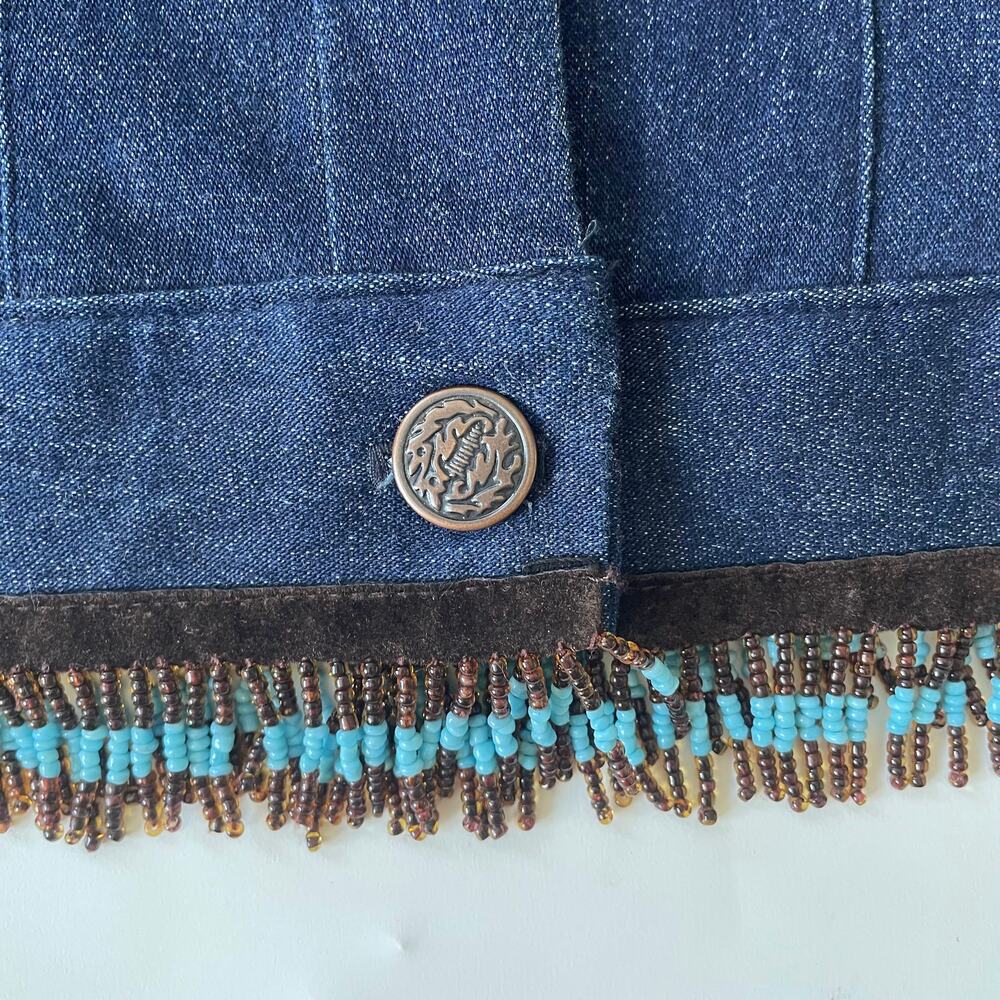 Vintage 1990s Cache Jean Jacket Beaded Fringe Lace Up Southwest 4 EUC - Picture 8 of 13